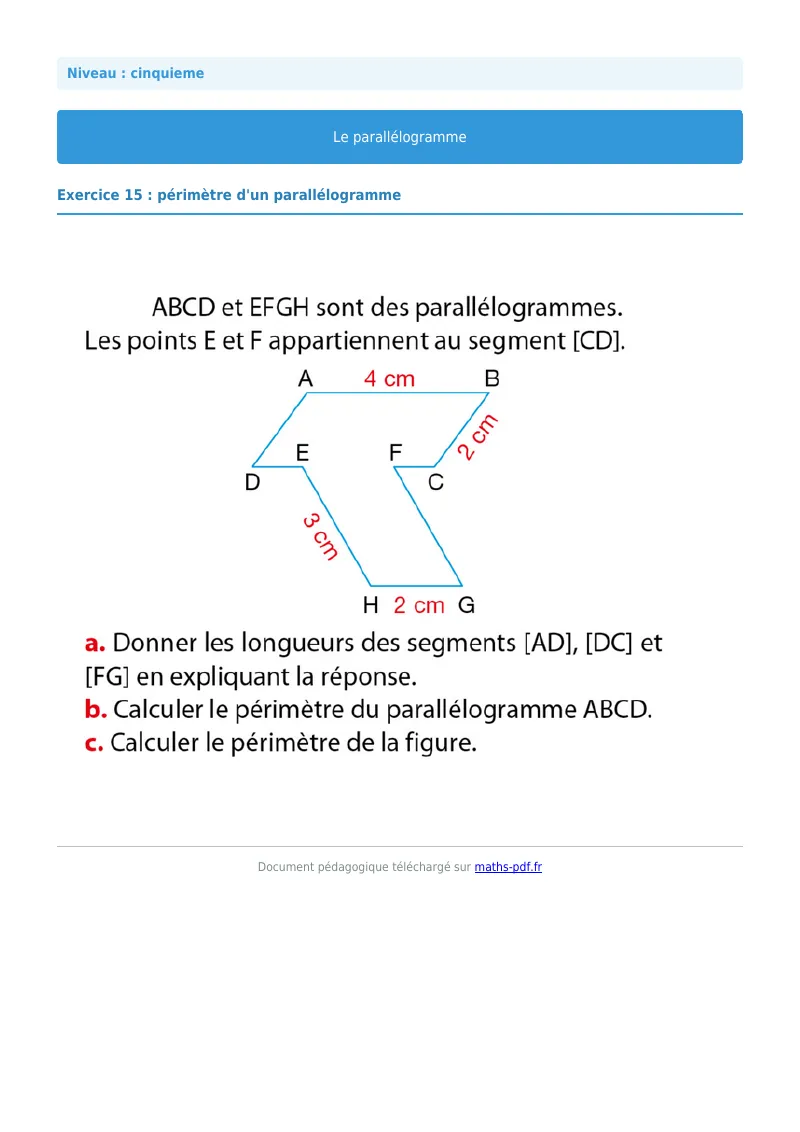 Parallélogramme : exercice n°15 de maths en 5ème corrigé en PDF