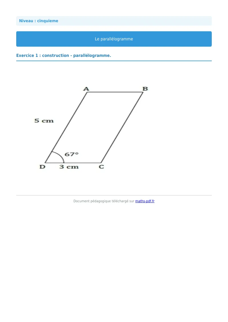 Parallélogramme : exercice n°1 de maths en 5ème corrigé en PDF