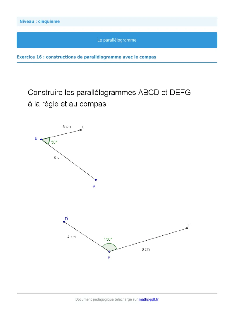 Parallélogramme : exercice n°16 de maths en 5ème corrigé en PDF