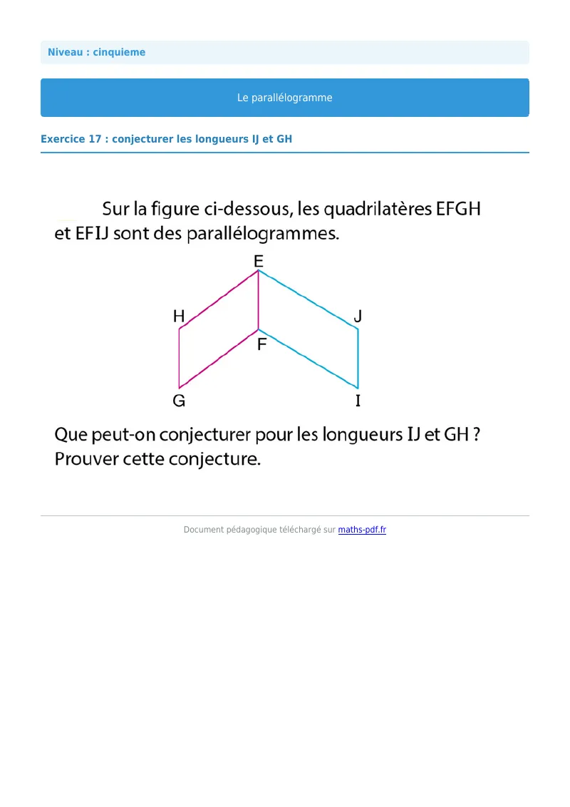 Parallélogramme : exercice n°17 de maths en 5ème corrigé en PDF