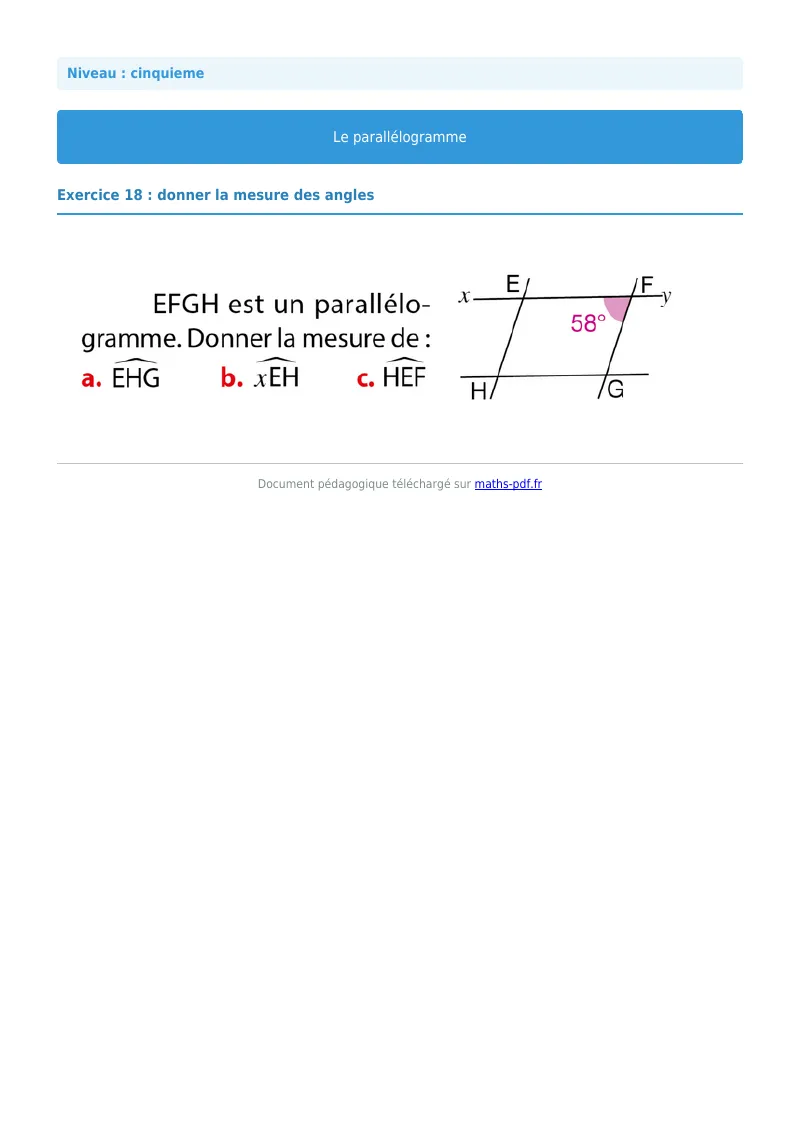 Parallélogramme : exercice n°18 de maths en 5ème corrigé en PDF