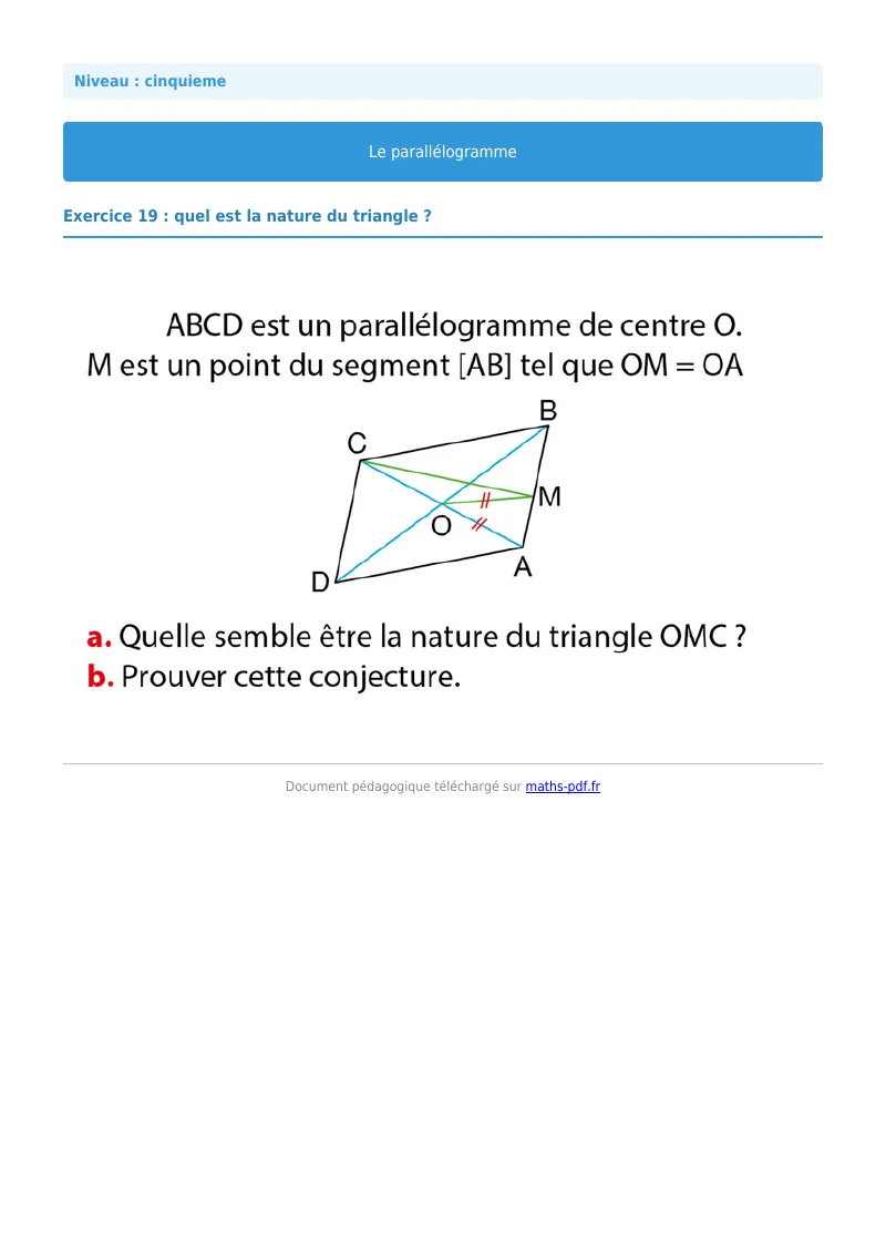 Parallélogramme : exercice n°19 de maths en 5ème corrigé en PDF