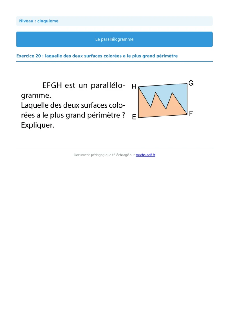 Parallélogramme : exercice n°20 de maths en 5ème corrigé en PDF