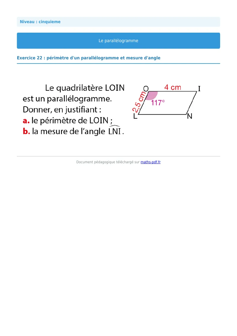 Parallélogramme : exercice n°22 de maths en 5ème corrigé en PDF