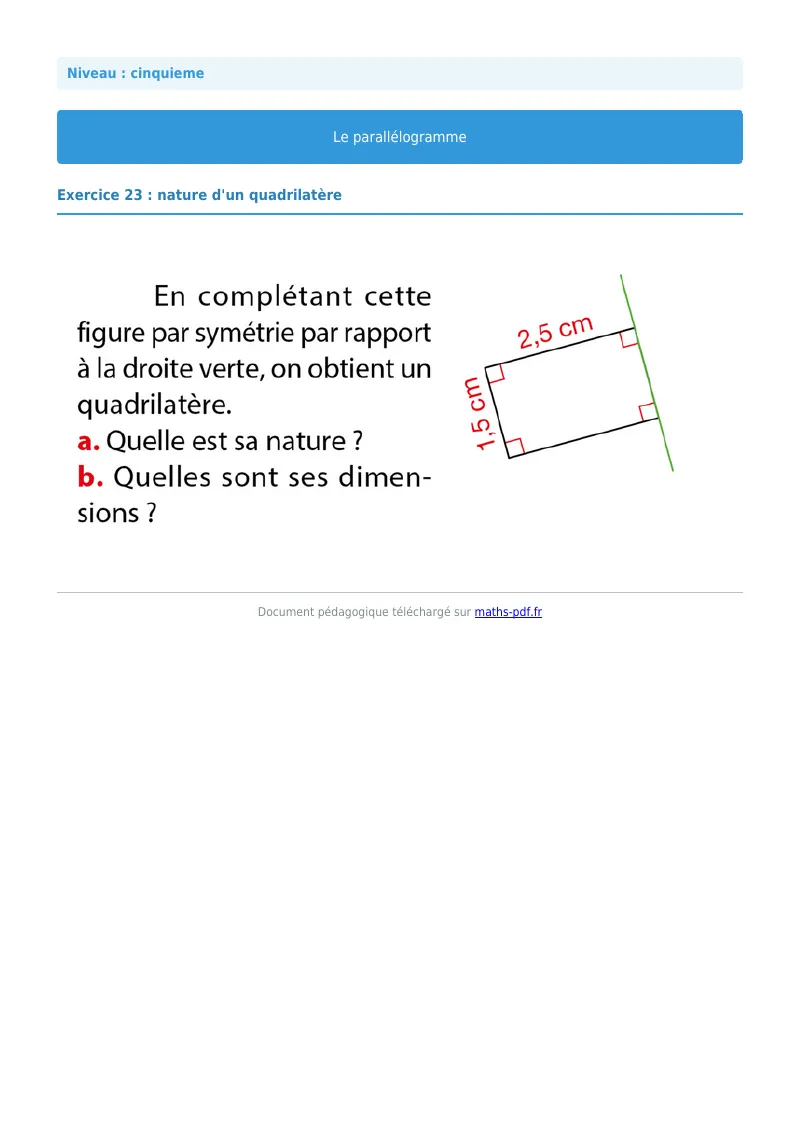 Parallélogramme : exercice n°23 de maths en 5ème corrigé en PDF