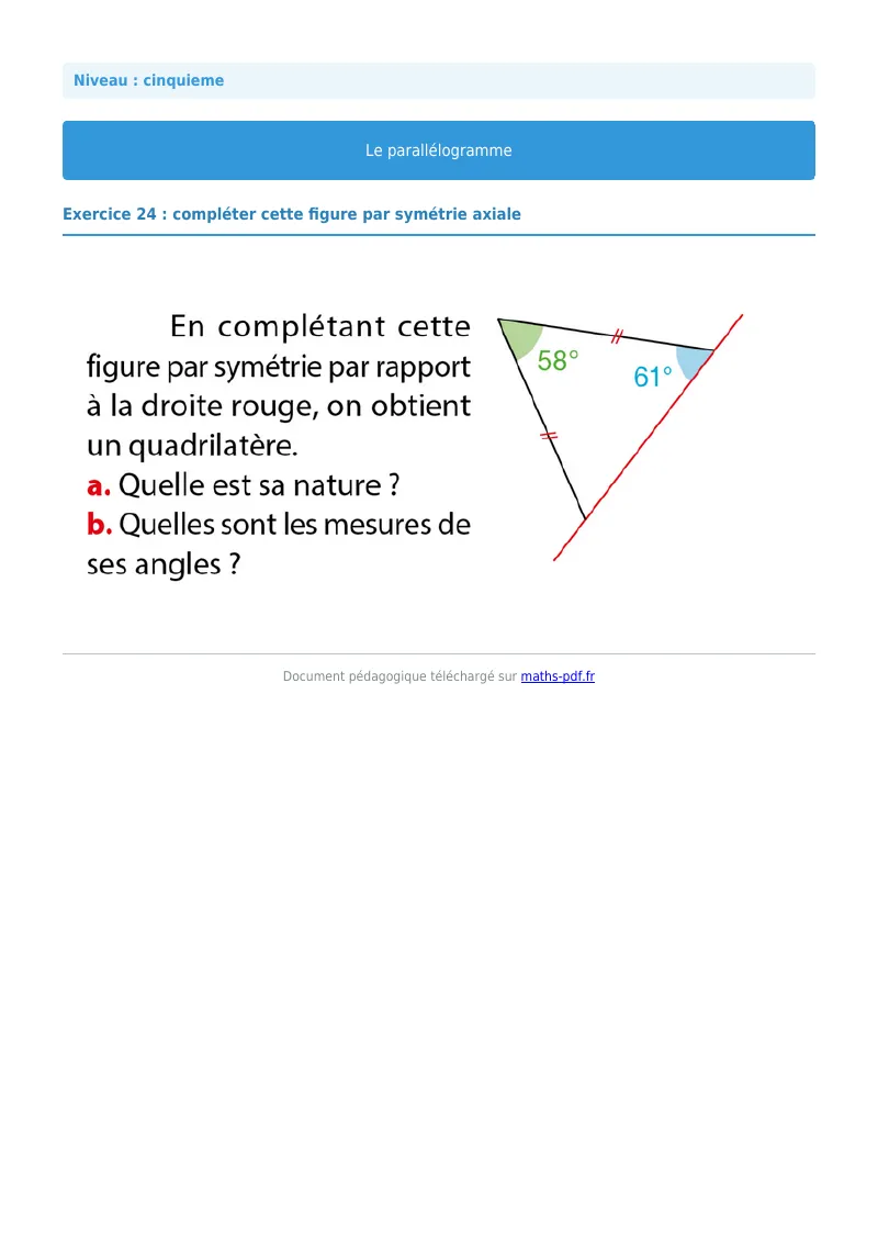 Parallélogramme : exercice n°24 de maths en 5ème corrigé en PDF