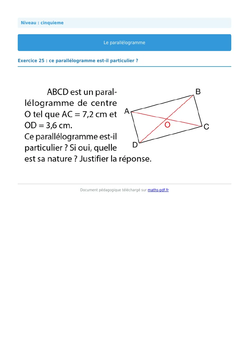 Parallélogramme : exercice n°25 de maths en 5ème corrigé en PDF