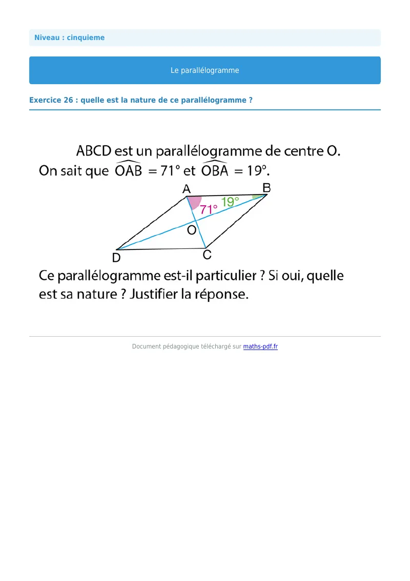 Parallélogramme : exercice n°26 de maths en 5ème corrigé en PDF