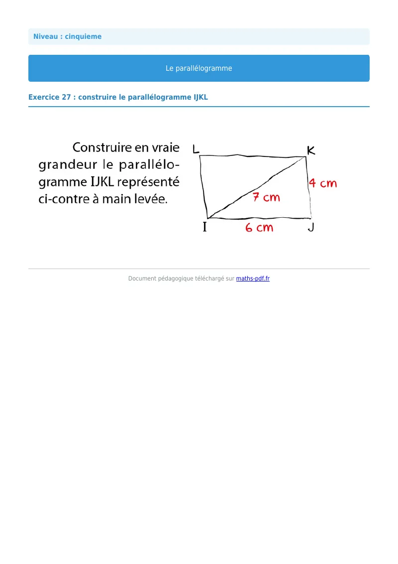 Parallélogramme : exercice n°27 de maths en 5ème corrigé en PDF
