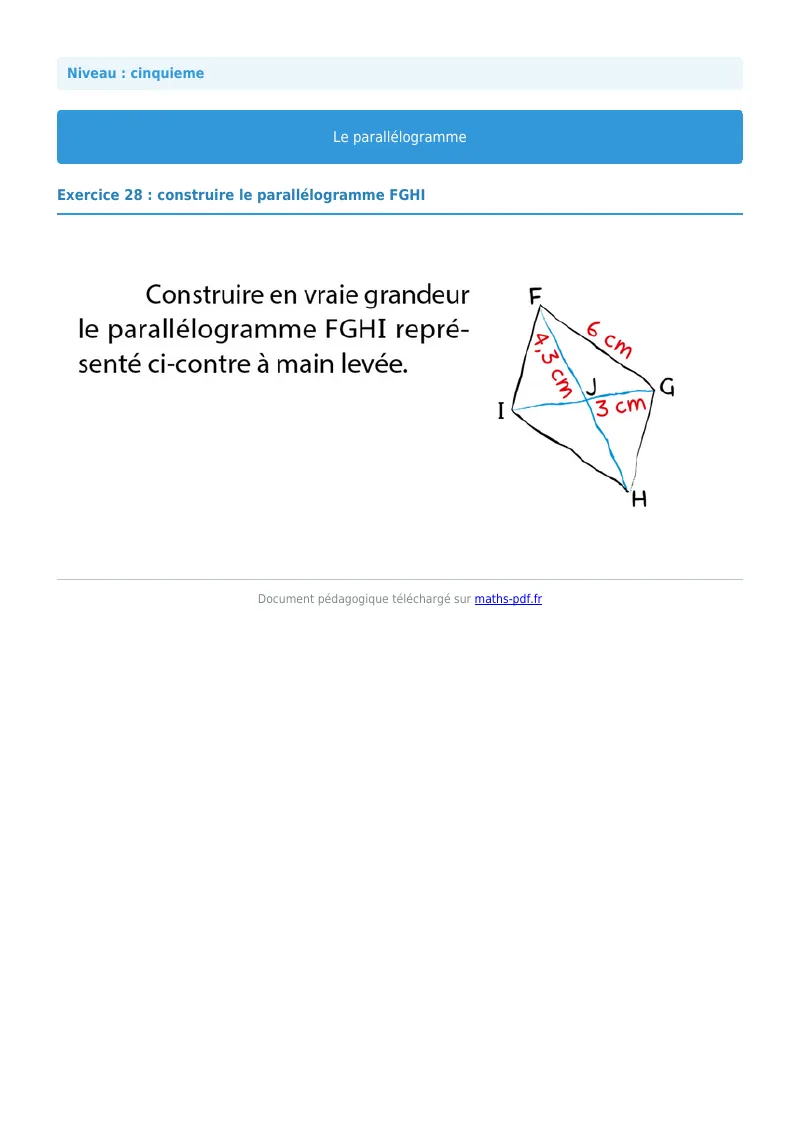 Parallélogramme : exercice n°28 de maths en 5ème corrigé en PDF