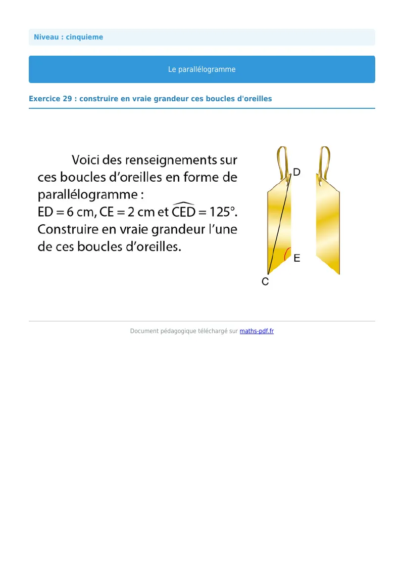 Parallélogramme : exercice n°29 de maths en 5ème corrigé en PDF