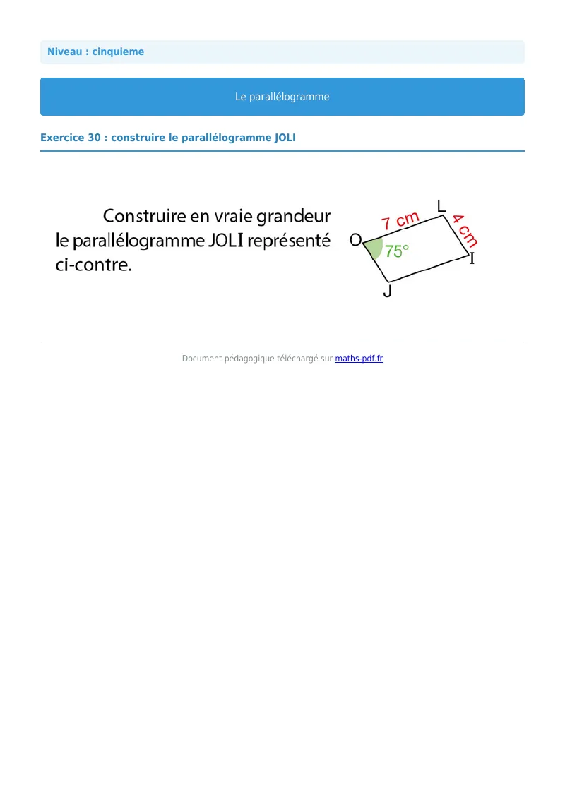 Parallélogramme : exercice n°30 de maths en 5ème corrigé en PDF