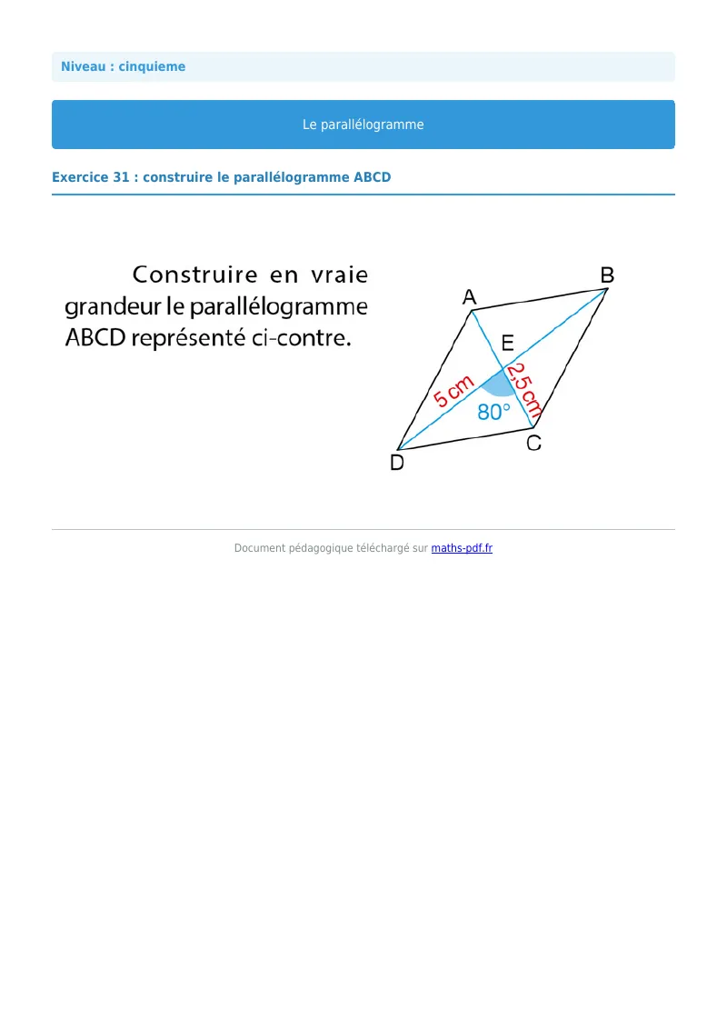 Parallélogramme : exercice n°31 de maths en 5ème corrigé en PDF