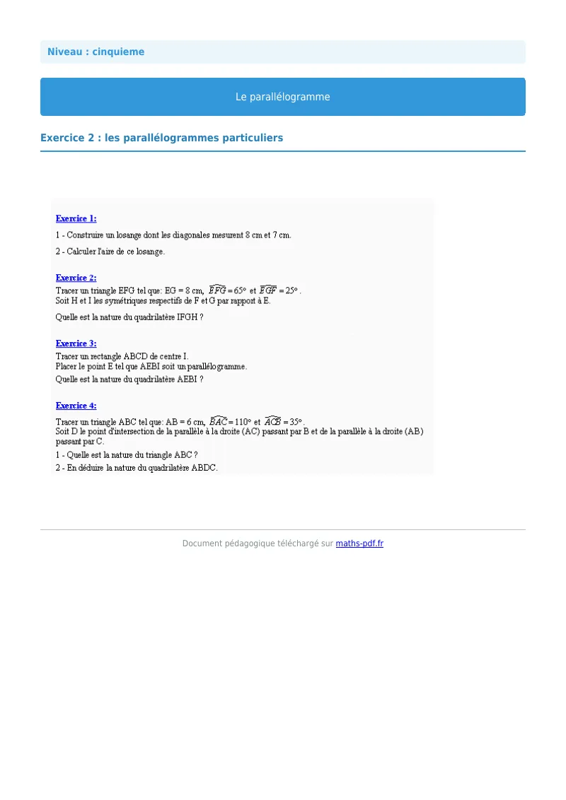 Parallélogramme : exercice n°2 de maths en 5ème corrigé en PDF