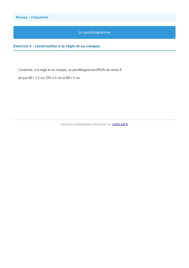 Parallélogramme : exercice n°4 de maths en 5ème corrigé en PDF