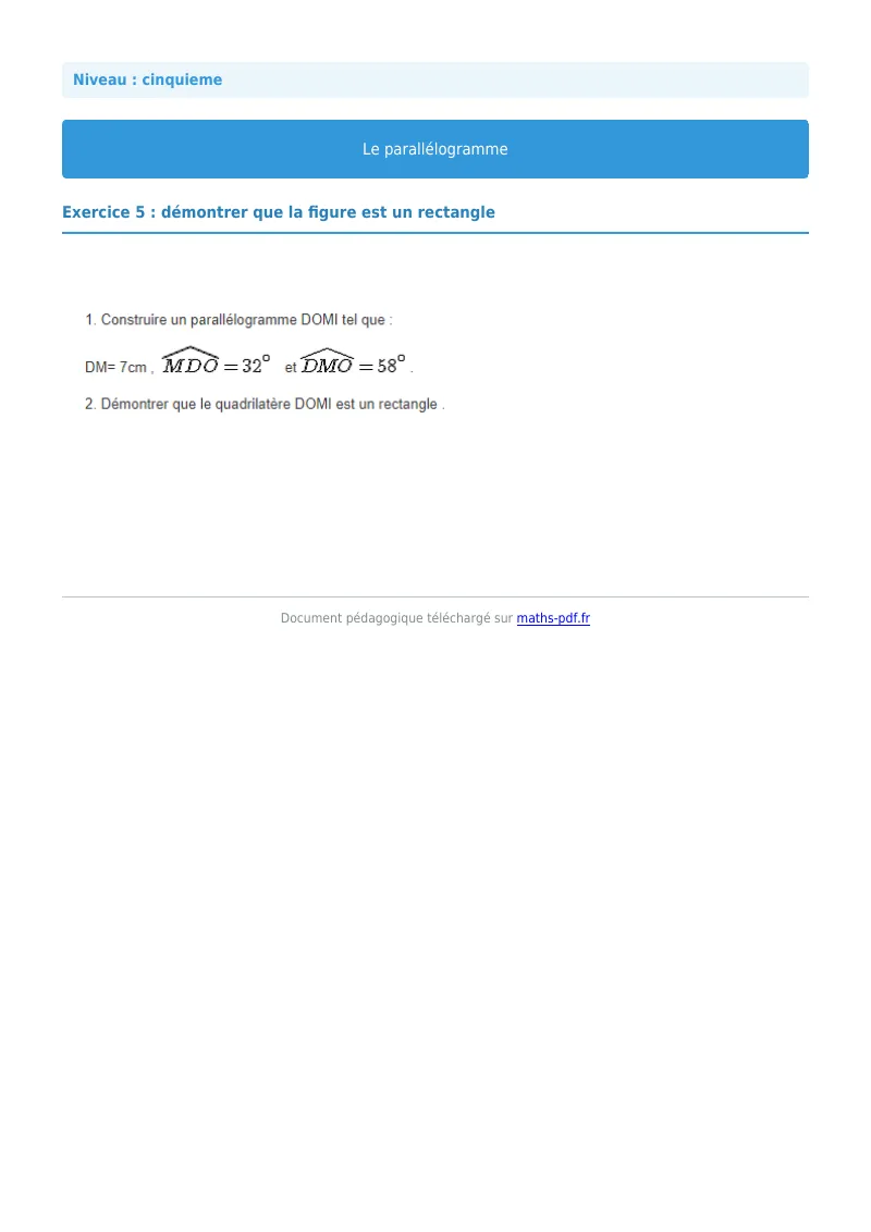 Parallélogramme : exercice n°5 de maths en 5ème corrigé en PDF