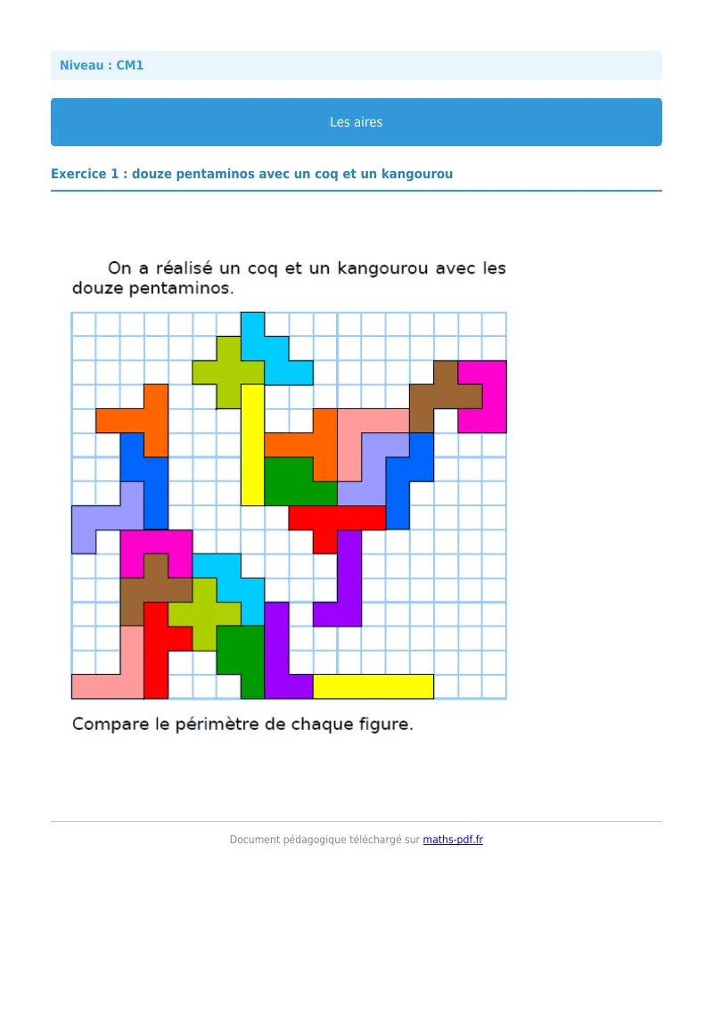 Les aires : exercice n°1 de maths en CM1 corrigé en PDF