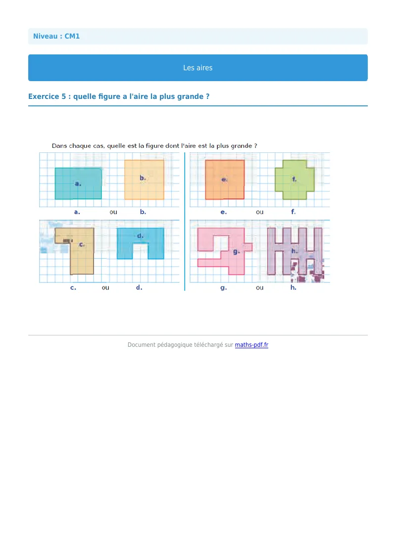 Les aires : exercice n°5 de maths en CM1 corrigé en PDF