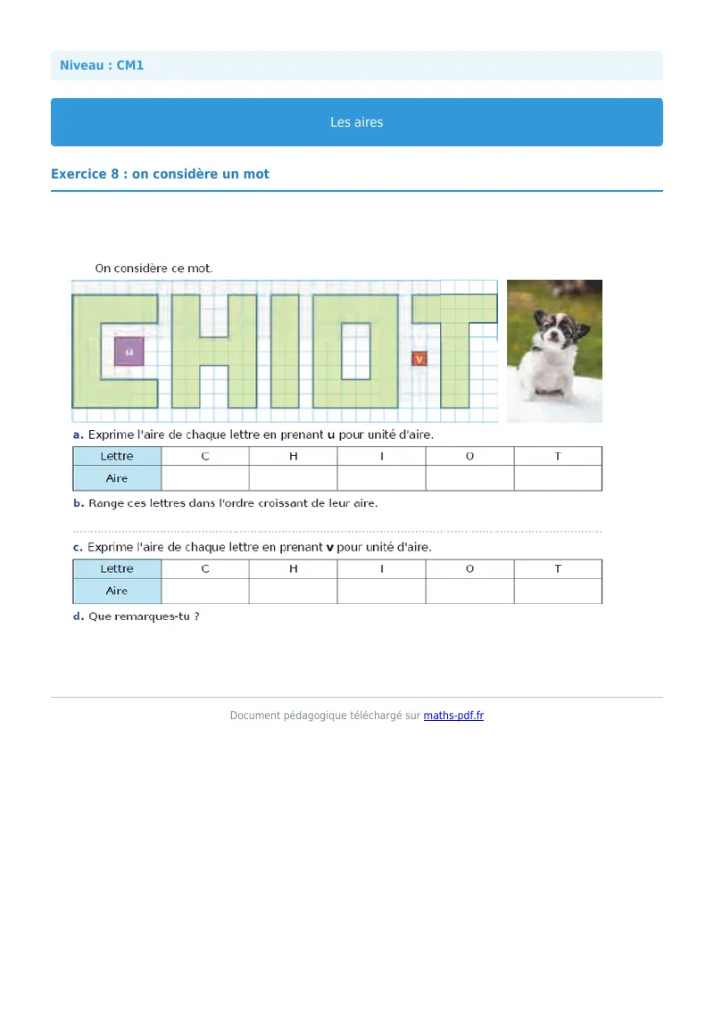 Les aires : exercice n°8 de maths en CM1 corrigé en PDF