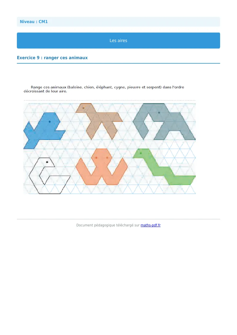 Les aires : exercice n°9 de maths en CM1 corrigé en PDF