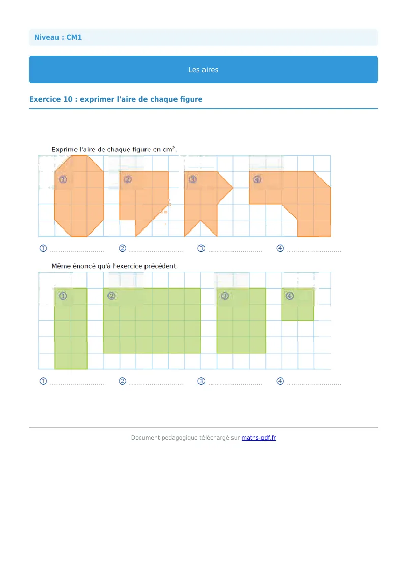 Les aires : exercice n°10 de maths en CM1 corrigé en PDF