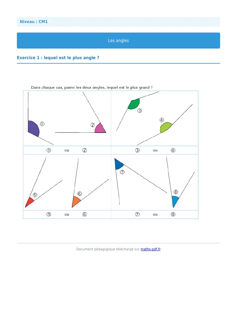 Les angles : exercice n°1 de maths en CM1 corrigé en PDF
