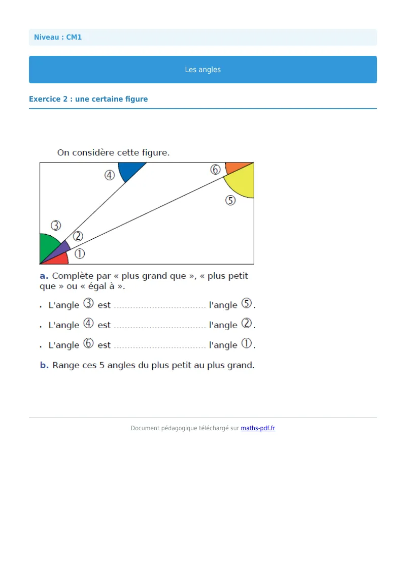 Les angles : exercice n°2 de maths en CM1 corrigé en PDF