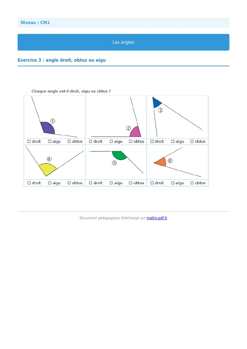 Les angles : exercice n°3 de maths en CM1 corrigé en PDF