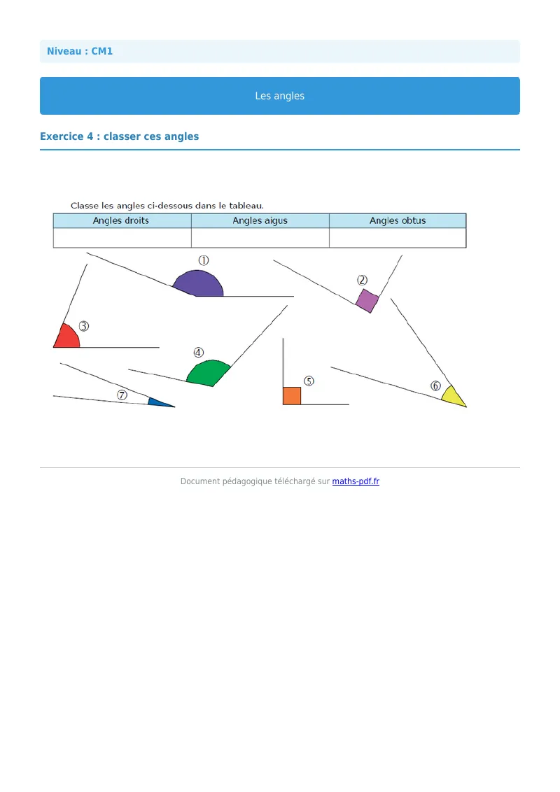 Les angles : exercice n°4 de maths en CM1 corrigé en PDF