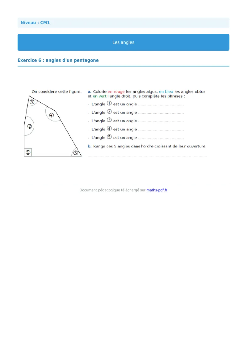 Les angles : exercice n°6 de maths en CM1 corrigé en PDF