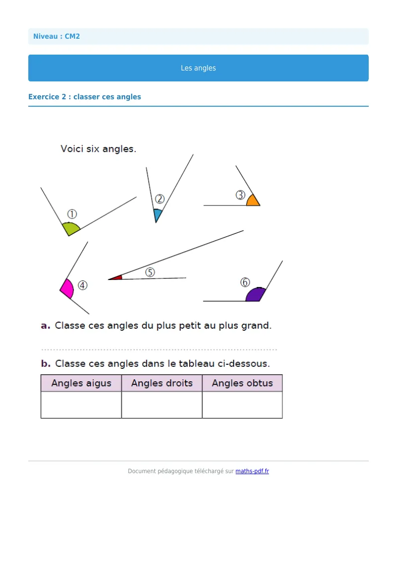 Les angles : exercice n°2 de maths en CM2 corrigé en PDF