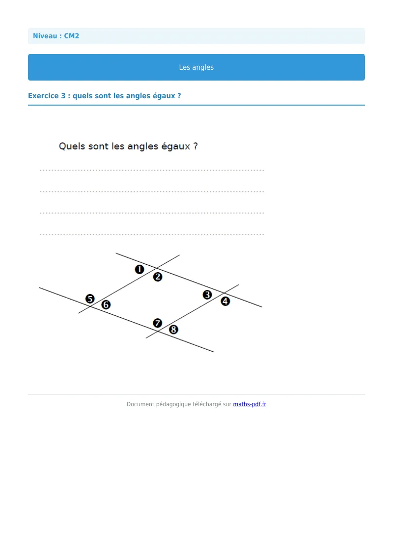 Les angles : exercice n°3 de maths en CM2 corrigé en PDF