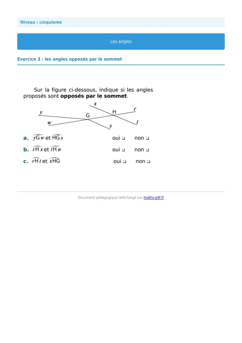 Angles : exercice n°3 de maths en 5ème corrigé en PDF