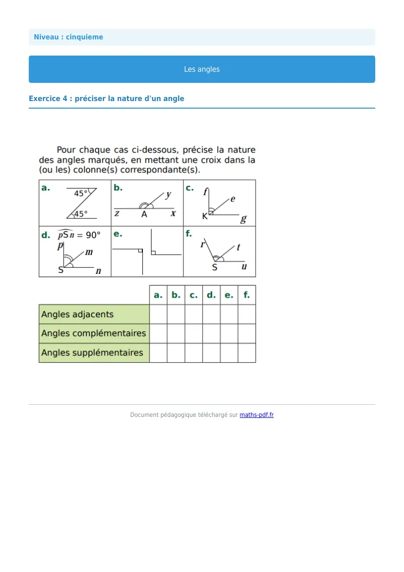 Angles : exercice n°4 de maths en 5ème corrigé en PDF