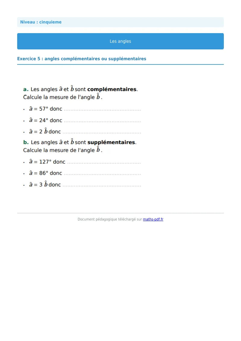 Angles : exercice n°5 de maths en 5ème corrigé en PDF