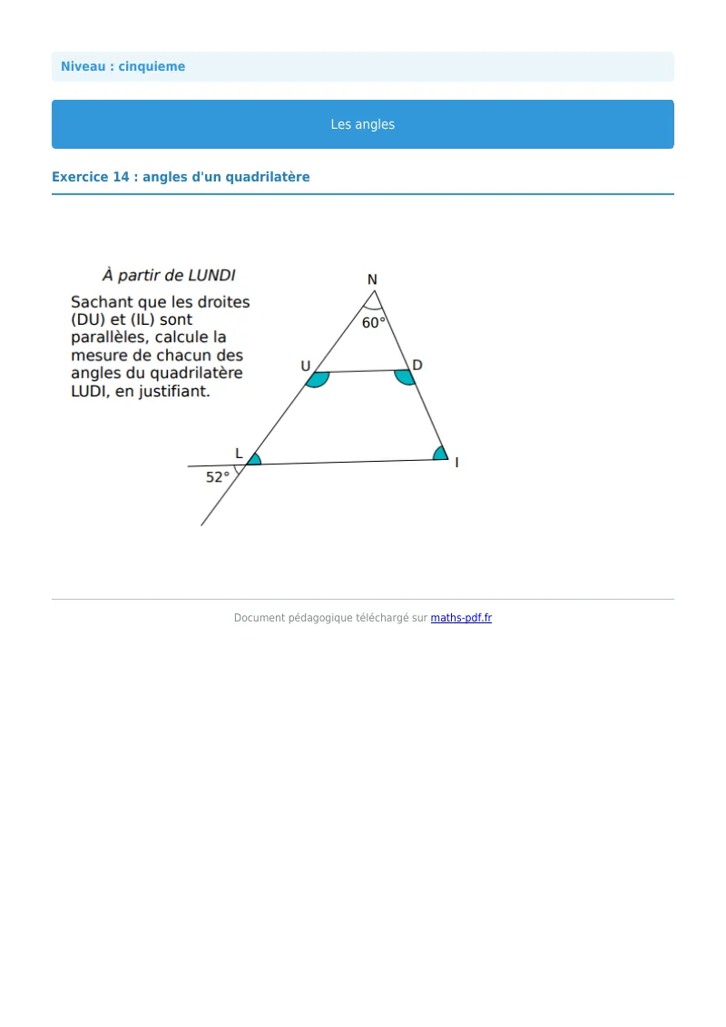 Angles : exercice n°14 de maths en 5ème corrigé en PDF