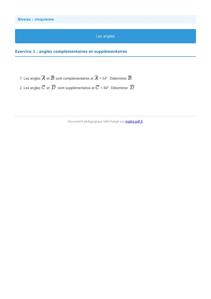Angles : exercice n°1 de maths en 5ème corrigé en PDF