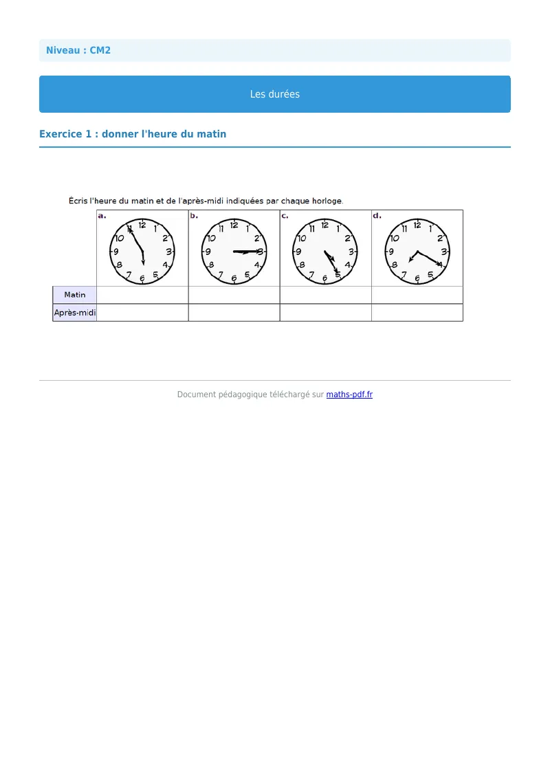 Durée : exercice n°1 de maths en CM2 corrigé en PDF