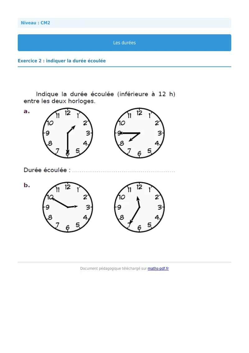 Durée : exercice n°2 de maths en CM2 corrigé en PDF