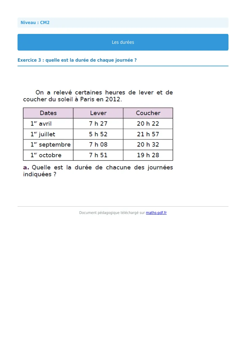 Durée : exercice n°3 de maths en CM2 corrigé en PDF