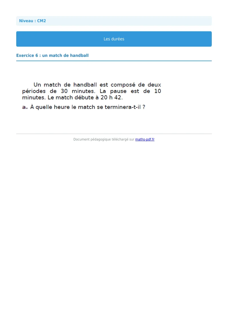 Durée : exercice n°6 de maths en CM2 corrigé en PDF