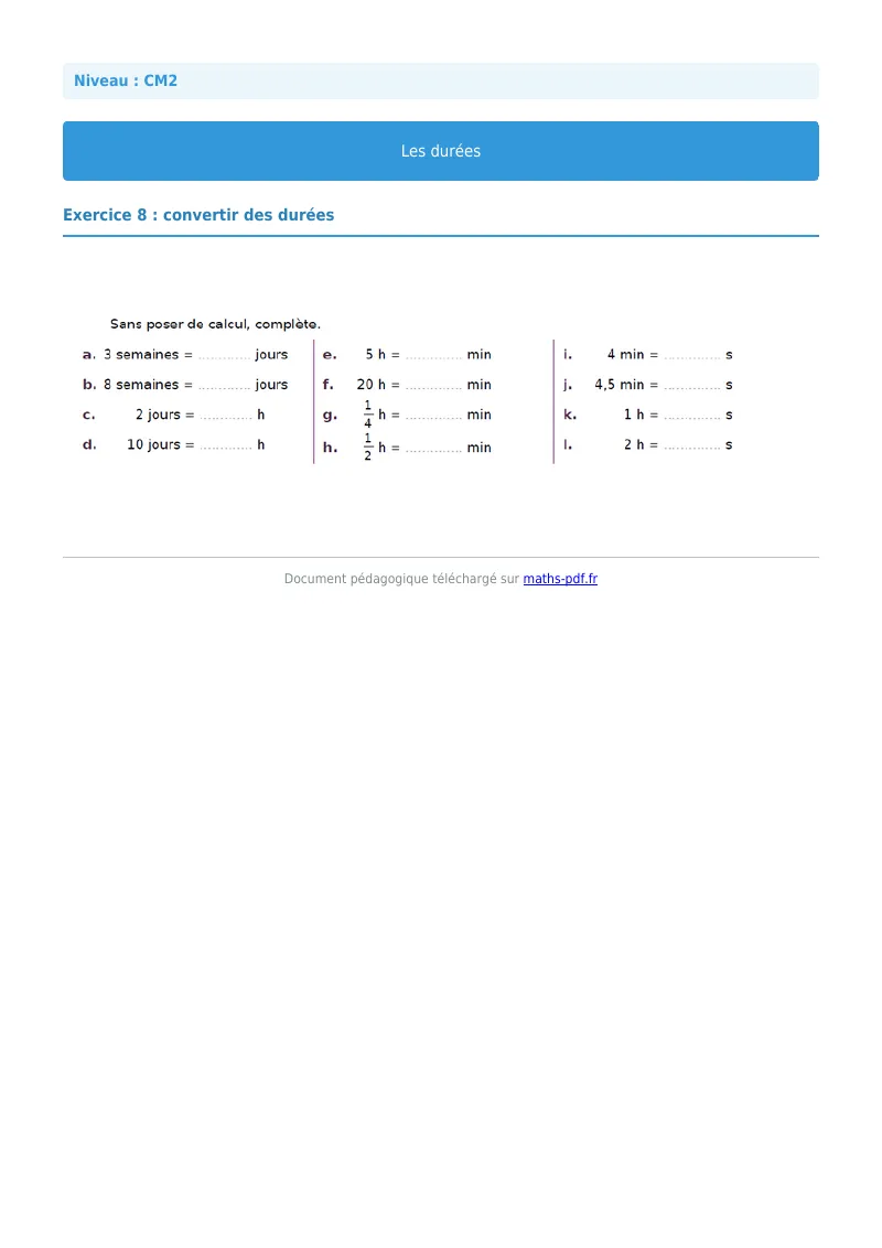 Durée : exercice n°8 de maths en CM2 corrigé en PDF