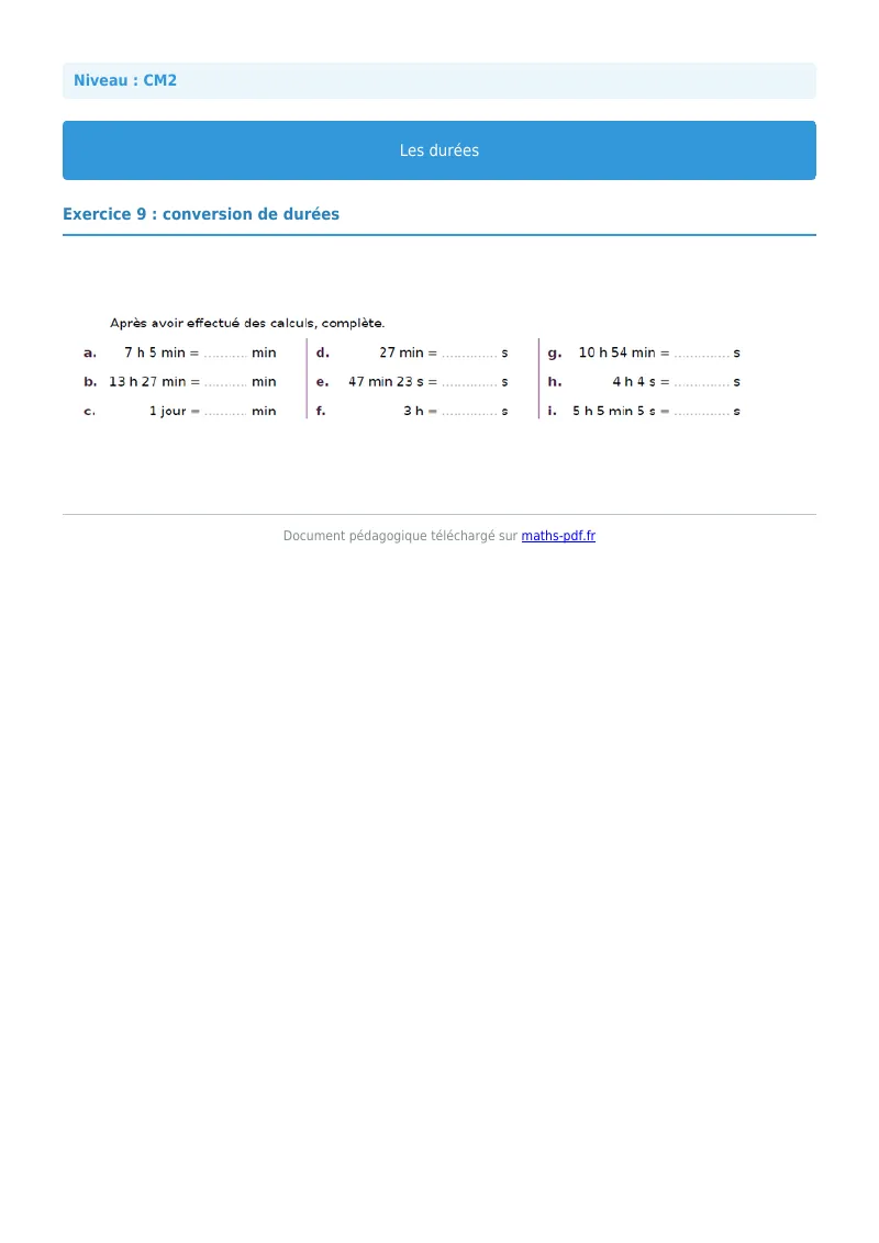 Durée : exercice n°9 de maths en CM2 corrigé en PDF