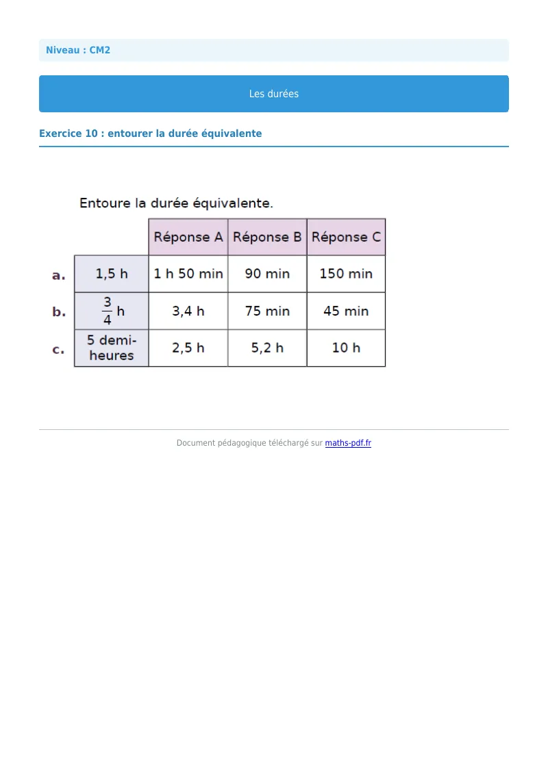 Durée : exercice n°10 de maths en CM2 corrigé en PDF