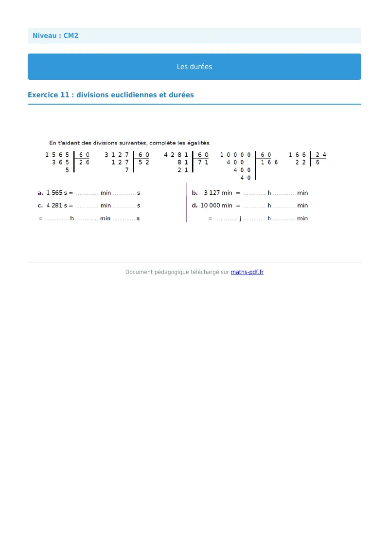 Durée : exercice n°11 de maths en CM2 corrigé en PDF