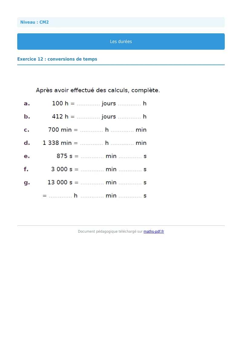 Durée : exercice n°12 de maths en CM2 corrigé en PDF