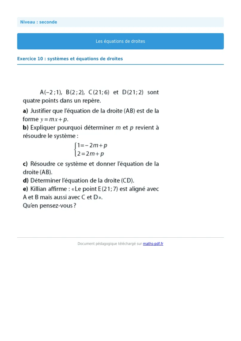 Les équations de droites : exercice n°10 de maths en seconde corrigé en PDF