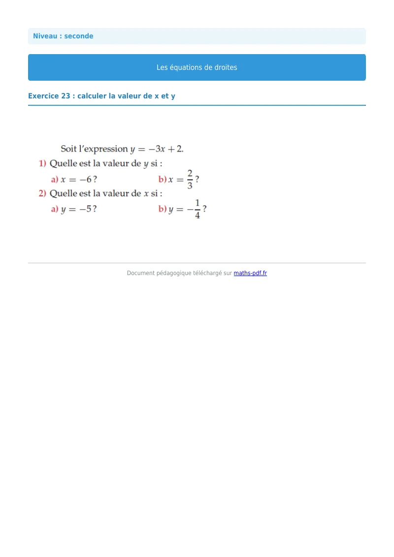 Les équations de droites : exercice n°23 de maths en seconde corrigé en PDF
