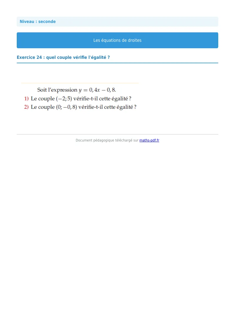 Les équations de droites : exercice n°24 de maths en seconde corrigé en PDF