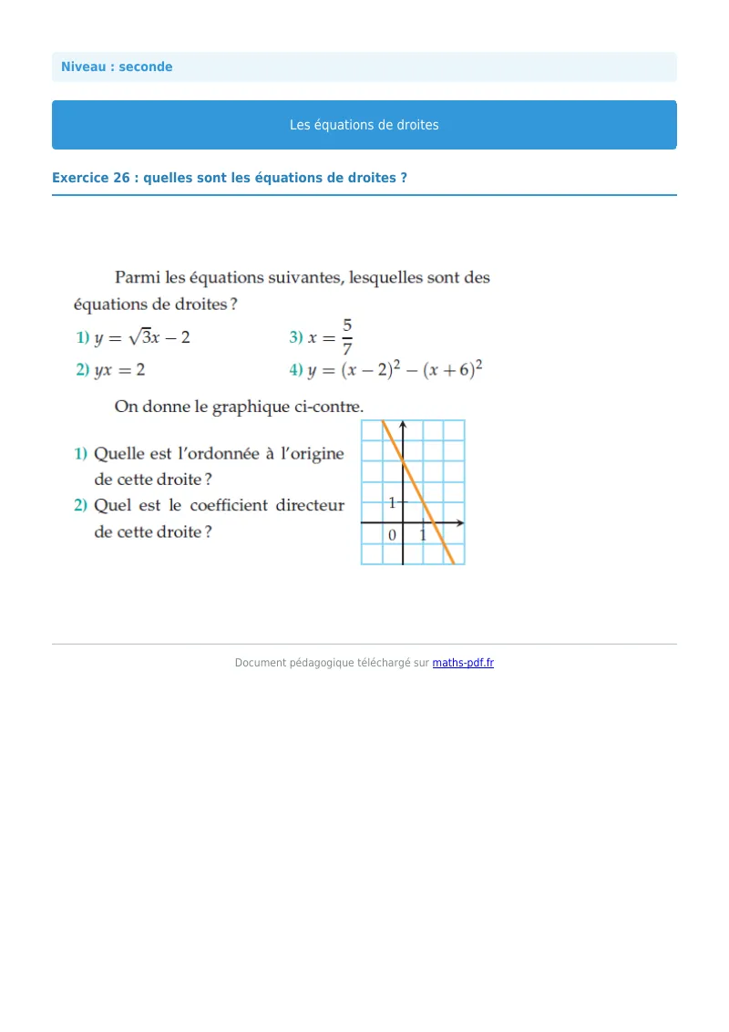 Les équations de droites : exercice n°26 de maths en seconde corrigé en PDF